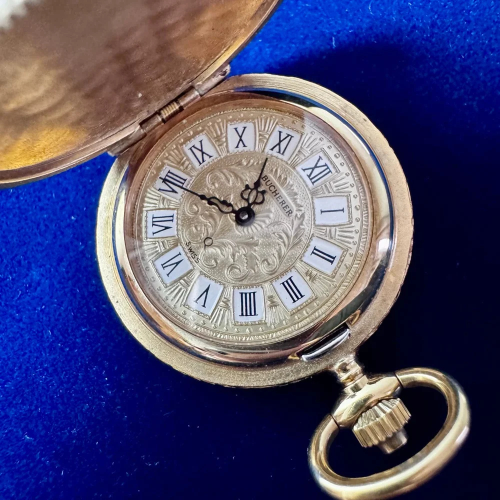 Vintage Bucherer Gold Floral Ceramic Quartz Pendant Watch Violet